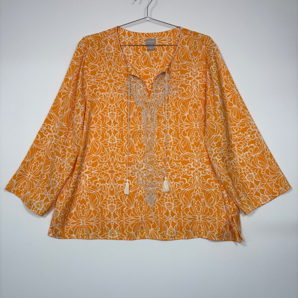 Chico's Women Top Size 4 (20/22) Orange Floral Embroidered Tassel V-Neck Blouse